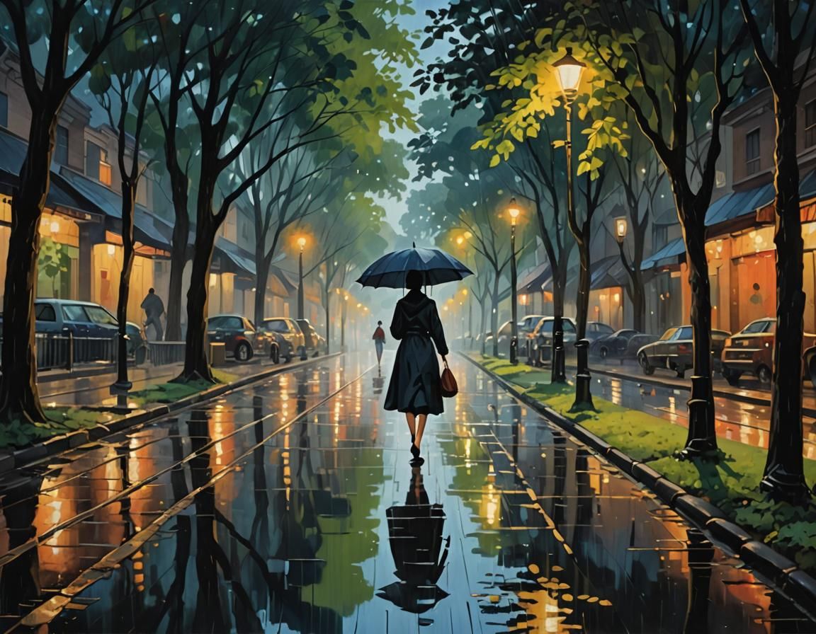 Candlelit Rain: A Woman's Peaceful Evening Walk