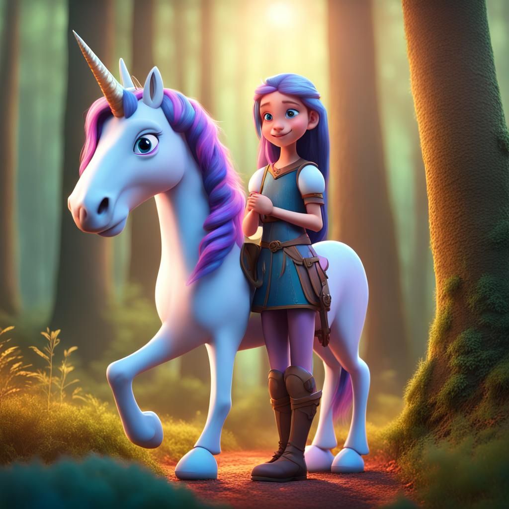 Magical Forest Encounter: Girl and Unicorn in 3D
