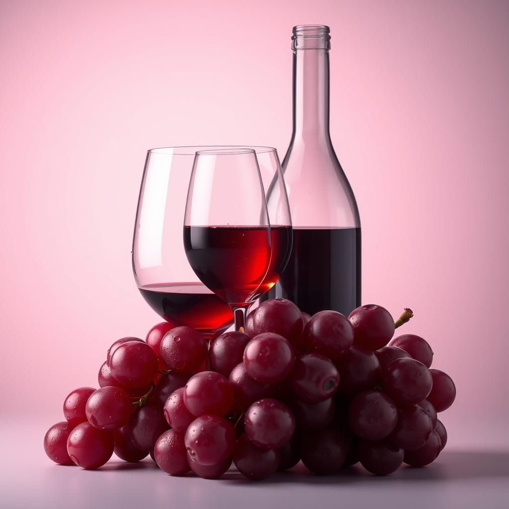 Velvety Red Wine Bottle and Glass Amidst Fresh Grapes