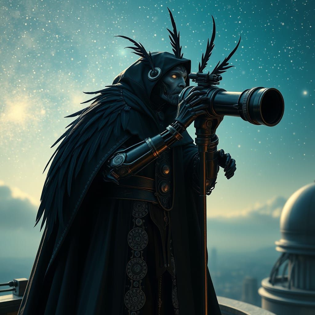 Cyborg Astronomer in Gothic Mechanical Robes Gazing at Starr...