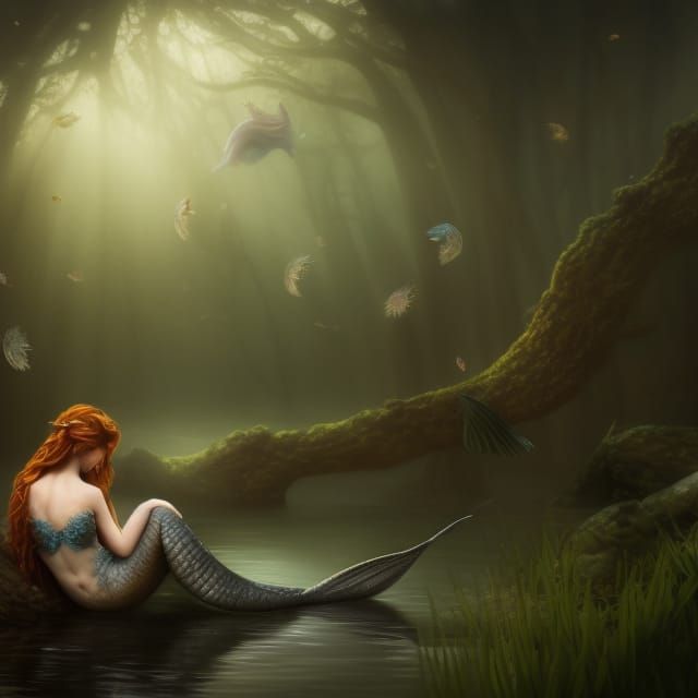 Ethereal Mermaid Resting in River Glade