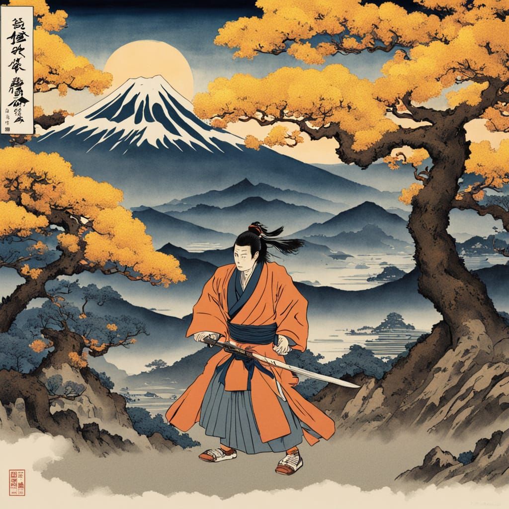 Dramatic Samurai Clash in a Vibrant Japanese Landscape