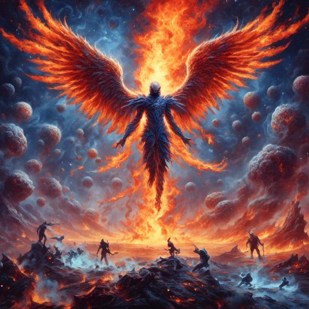 A world of chaos, floating in space, burning angel, galactic race <lora:Ignis:1.0>