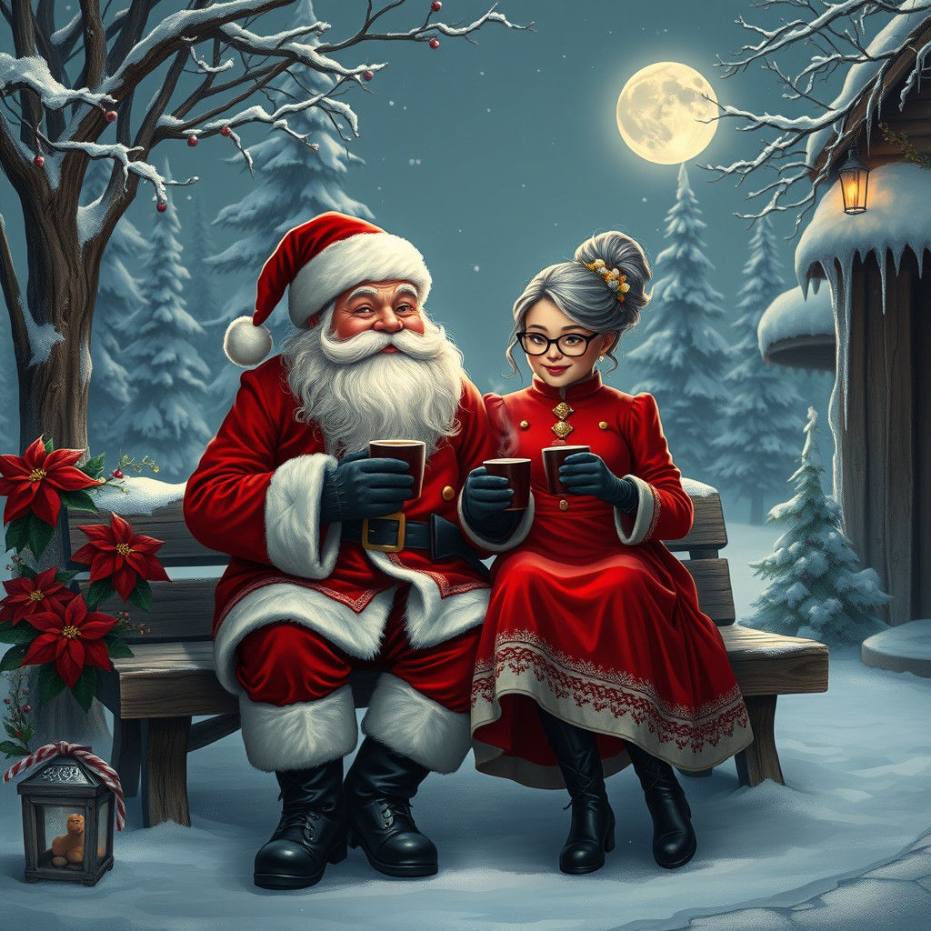 Enchanting Santa and Mrs. Claus Winter Night Illustration