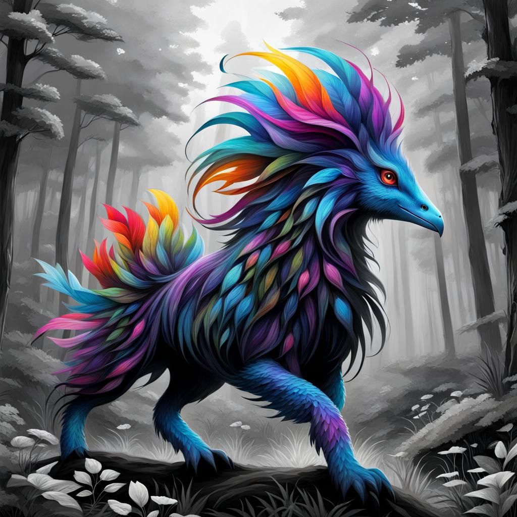 Colorful Creature in a Grey Fantasy Forest