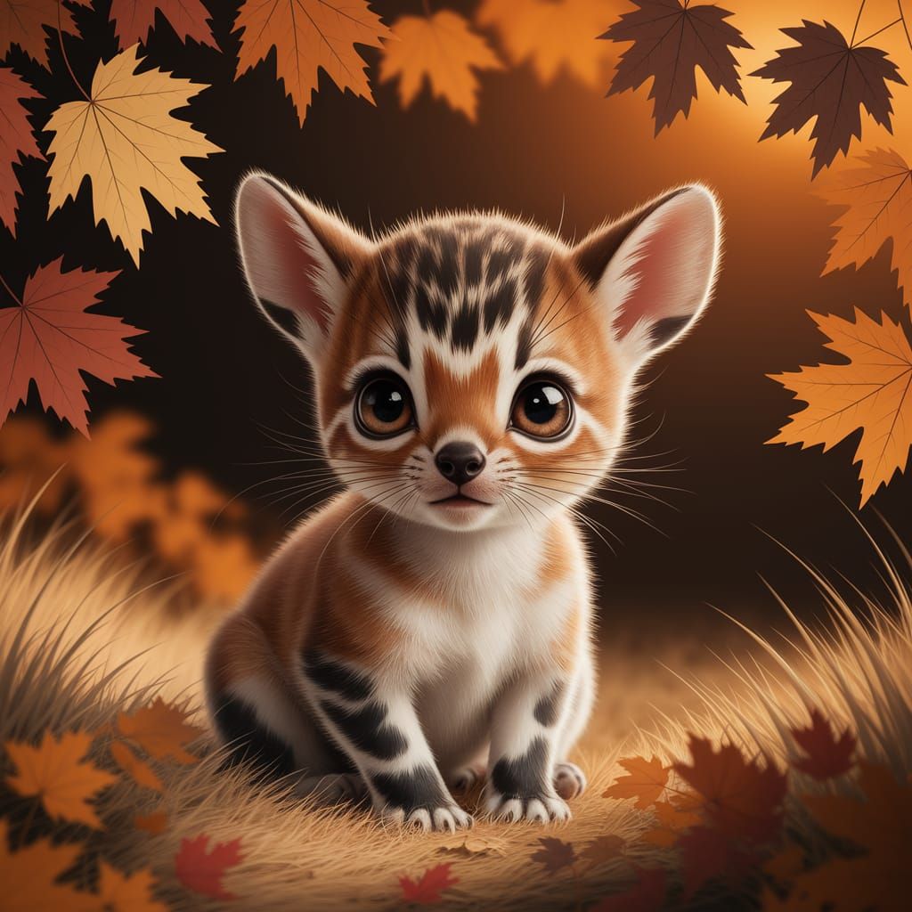Tiny Baby Animal with Large, Curious Eyes in Autumn Landscap...