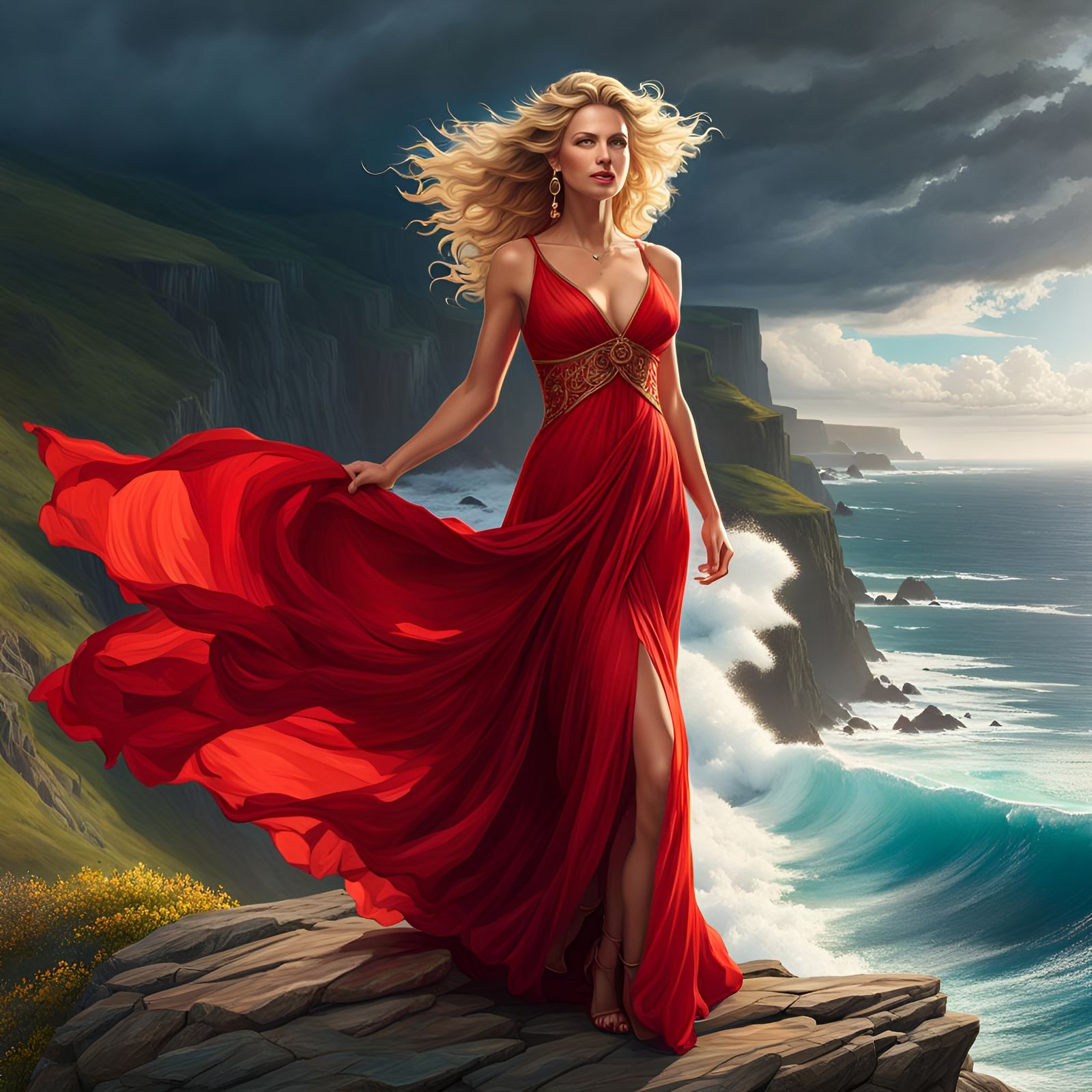 Woman in Red Dress on Cliff Top