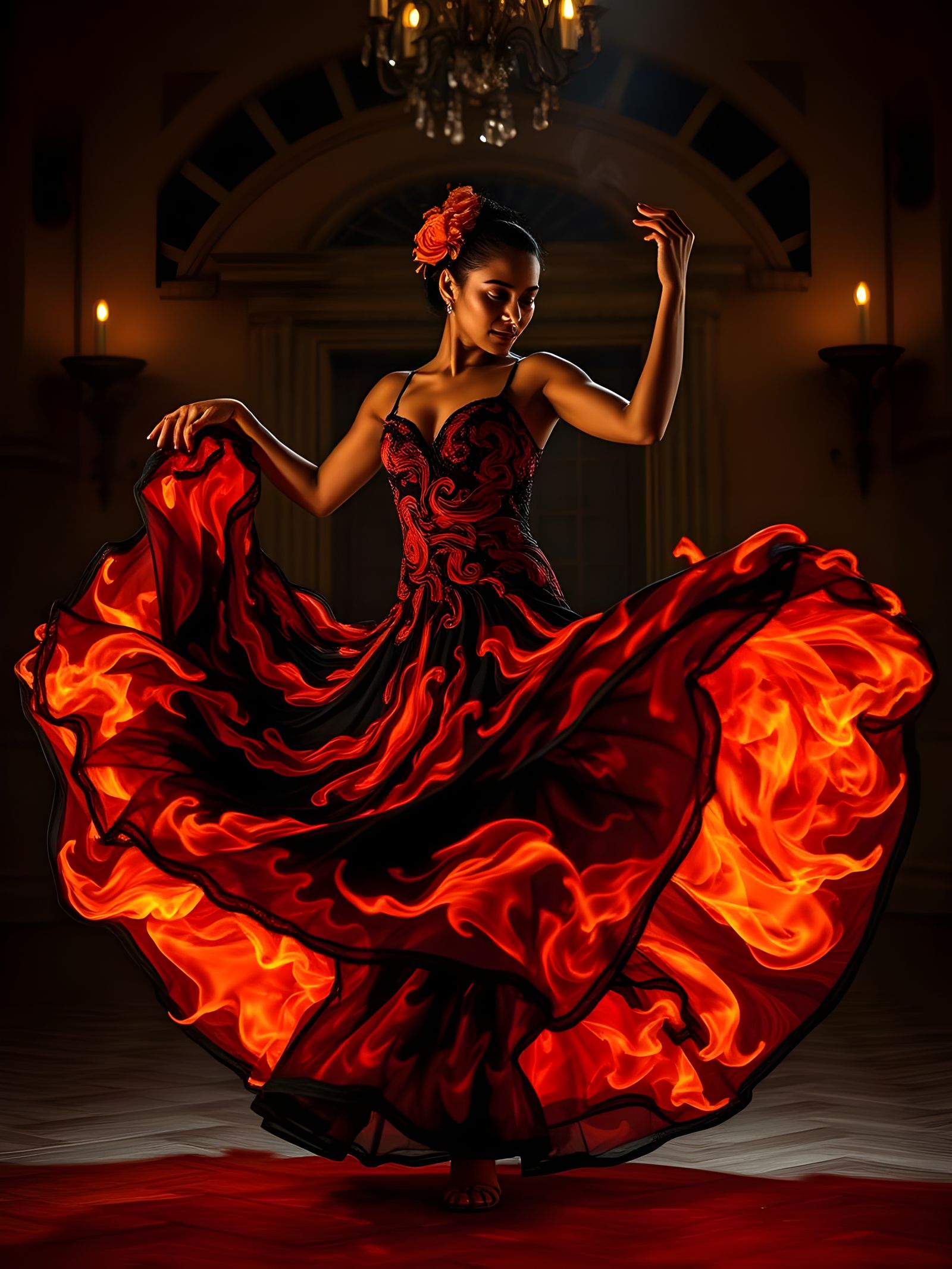 Flamenco Dancer in Fire Dress in Spanish Villa