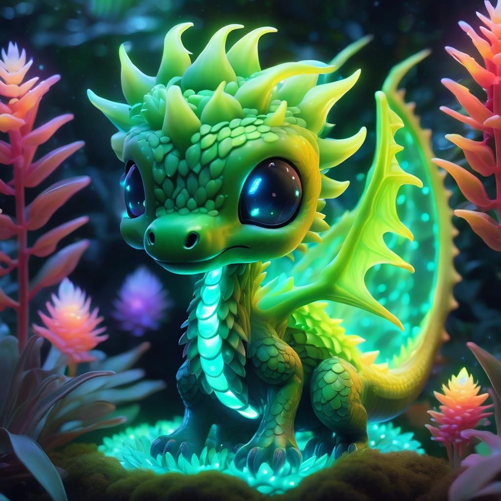 Chibi Bioluminescent Aloe Dragon in Magical Garden