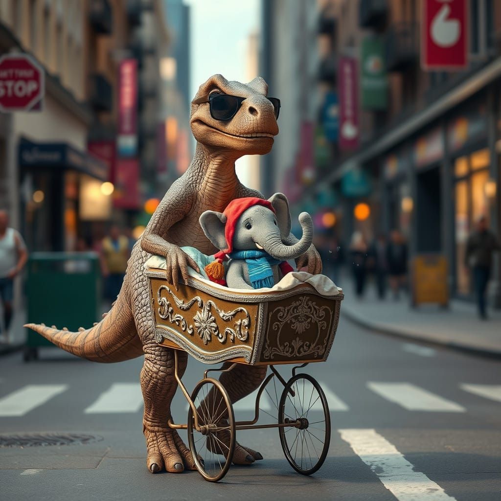 Humanoid Dinosaur Family Strolls City Streets in Hyperrealis...