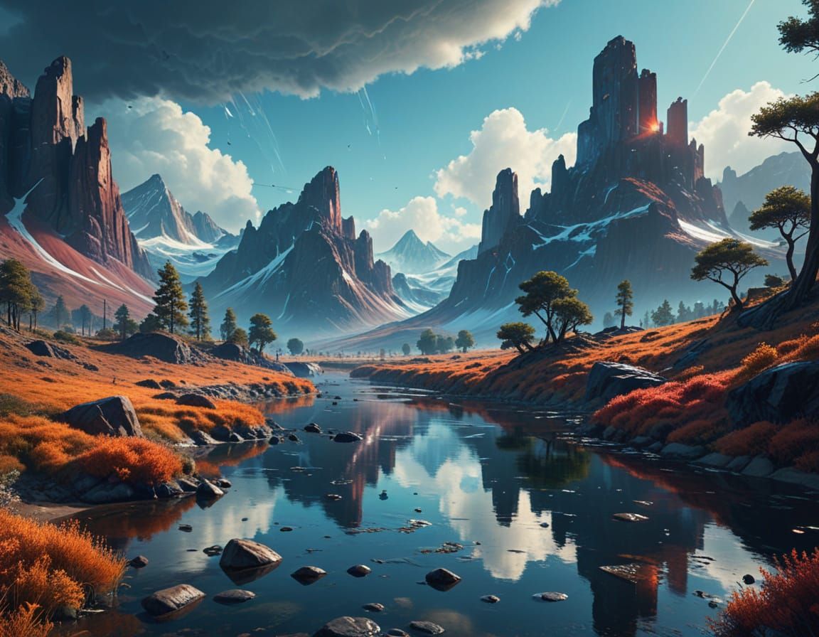 Futuristic Silk Waterfall Landscape in Digital Art