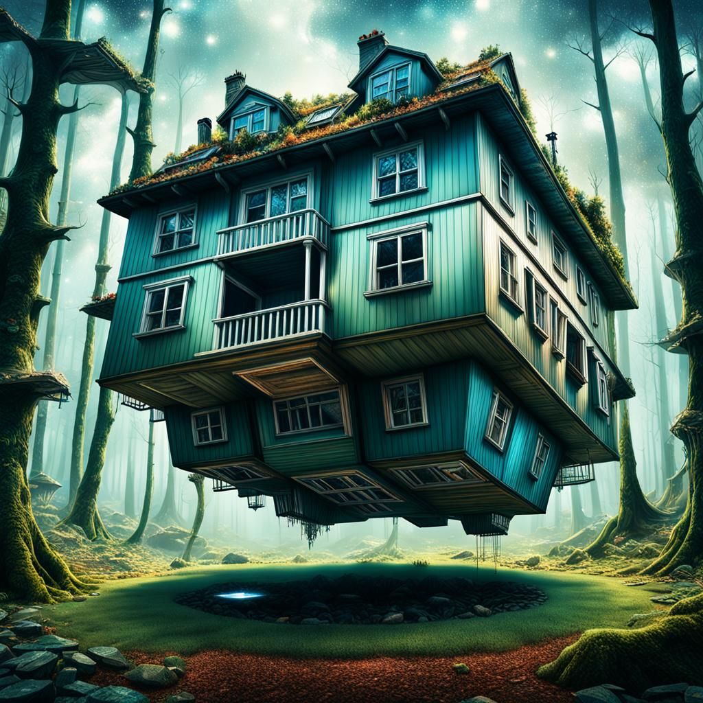 Upside Down House in Woods: Hyperrealistic Digital Art
