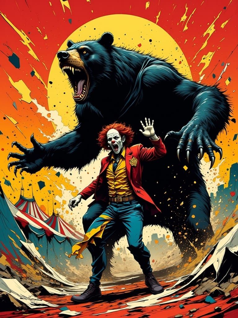 Maximalist Pop-Art Vector: Clown Fights Grizzly Bear