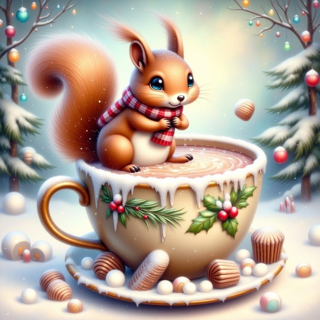 Whimsical Christmas Scene with Squirrel and Hot Chocolate
