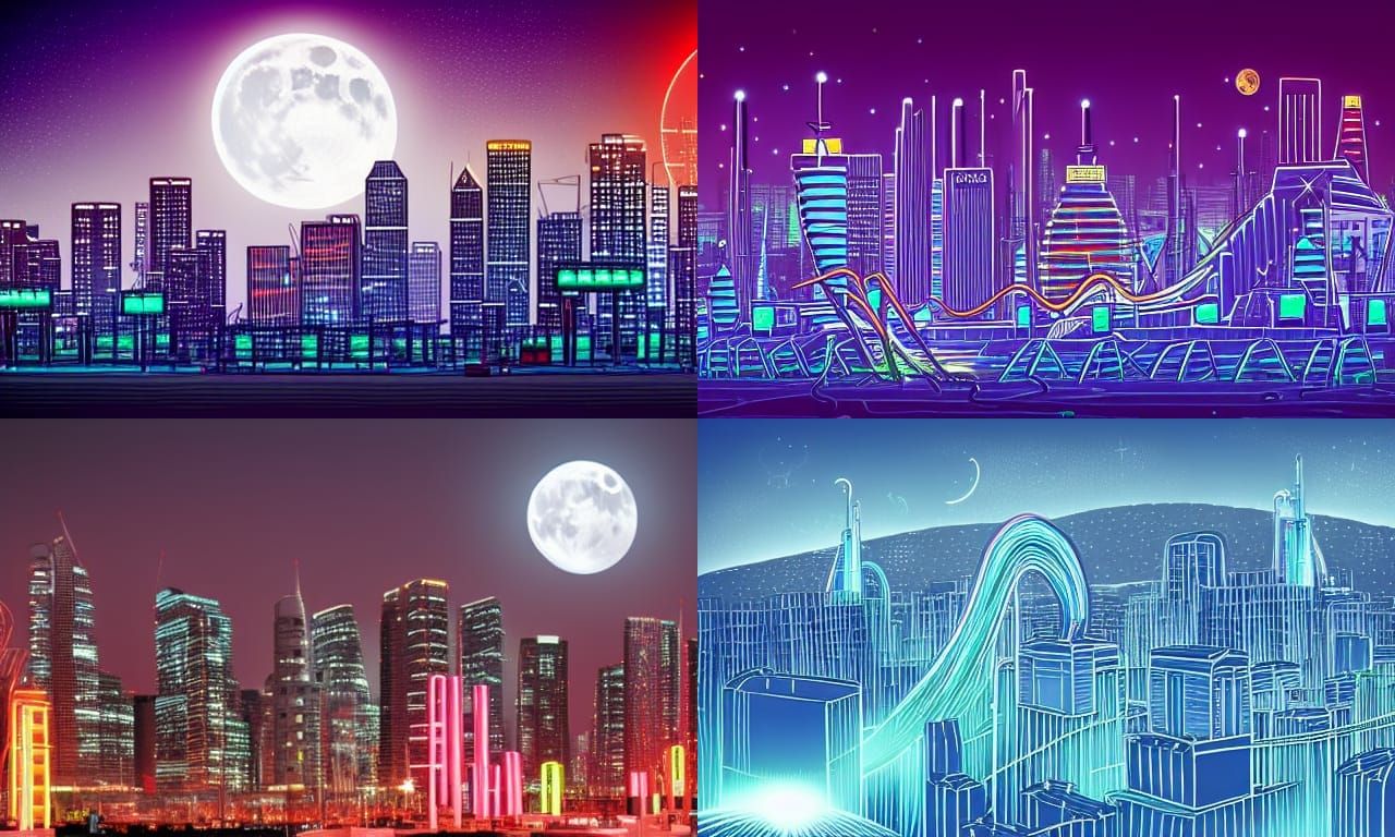 Futuristic Neon City on Stilts Under Moonlight