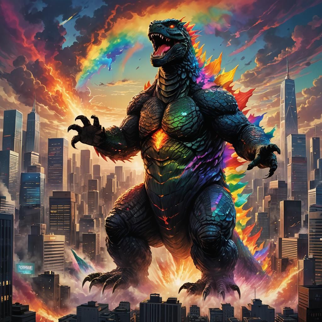 Rainbow Godzilla Rises in Tokyo: Fantasy Concept Art