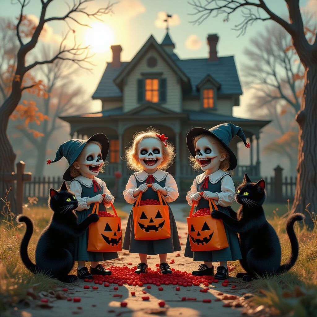 Skeleton Children Trick-or-Treating at Haunted House