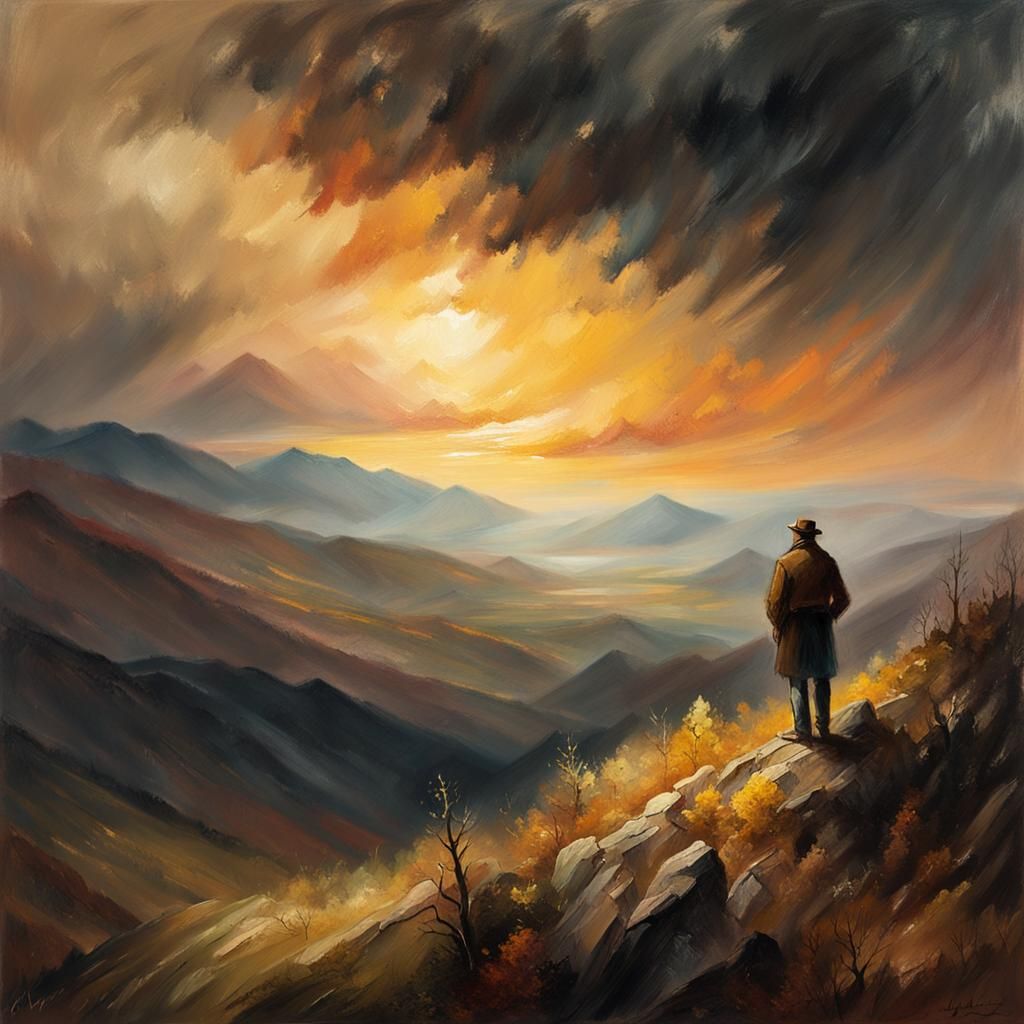 Epic Mountain Landscape at Sunset Painting