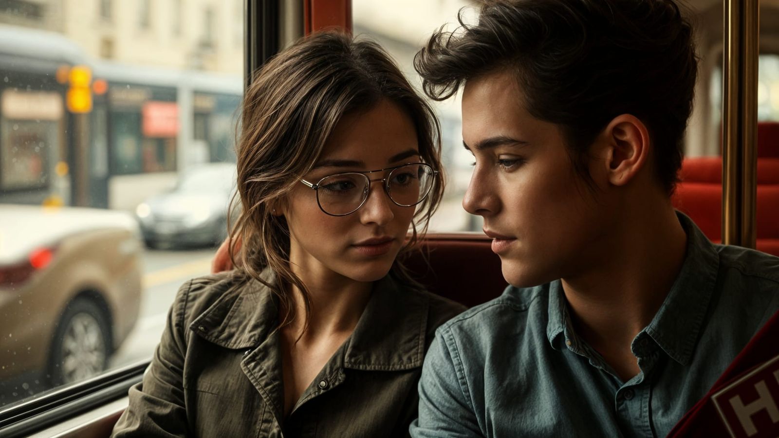 Young Couple Exchanging Shy Glances on a Bus