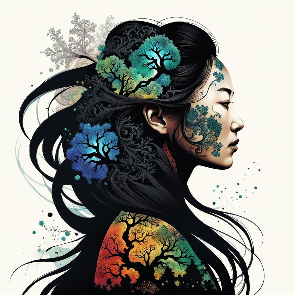 Graceful Mongolian Woman Silhouette in Splash Art