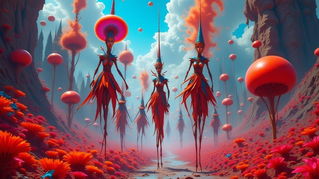 Fantastical Stilt Walkers March Through Vibrant Landscape