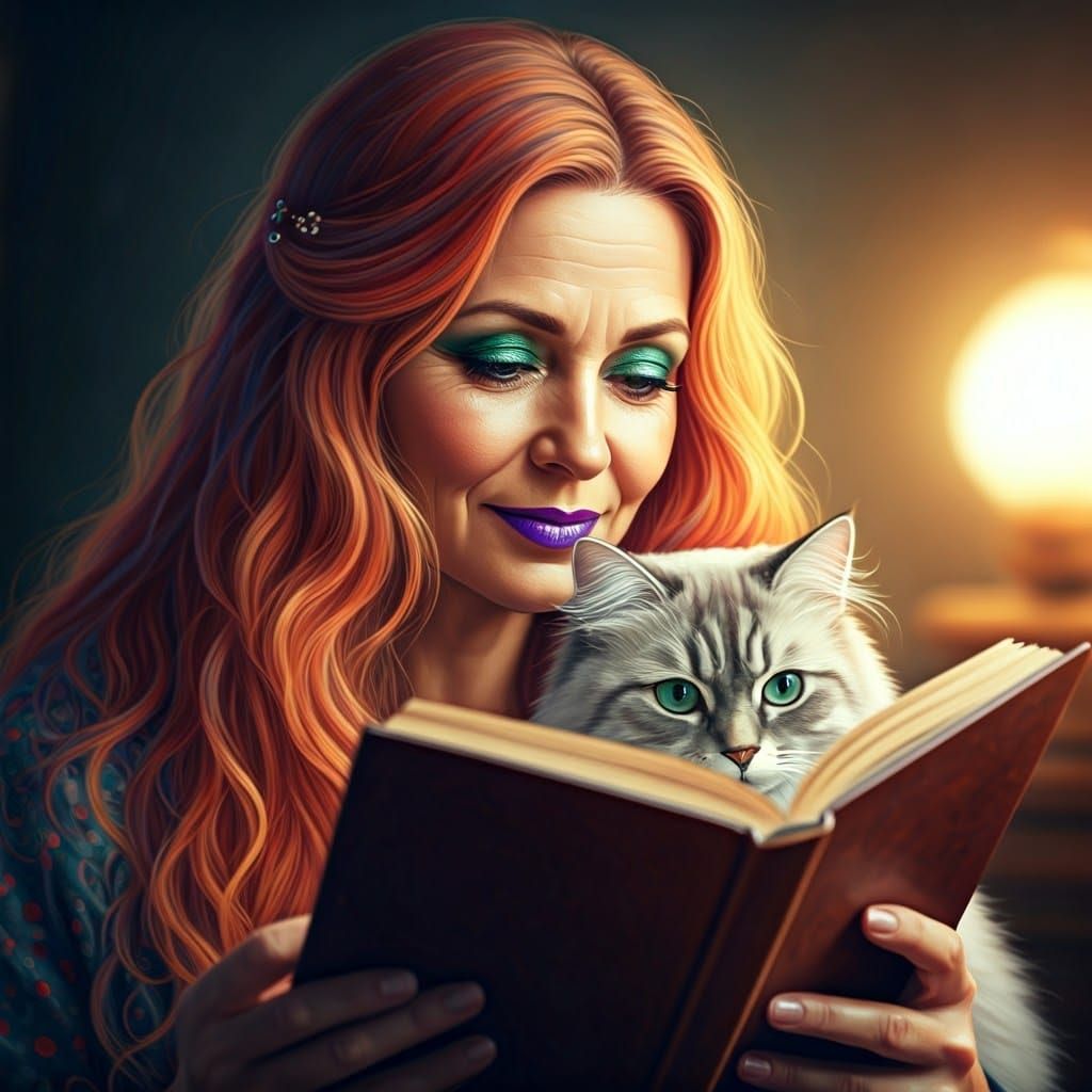 Woman with Colorful Hair Reading, Watercolor Style