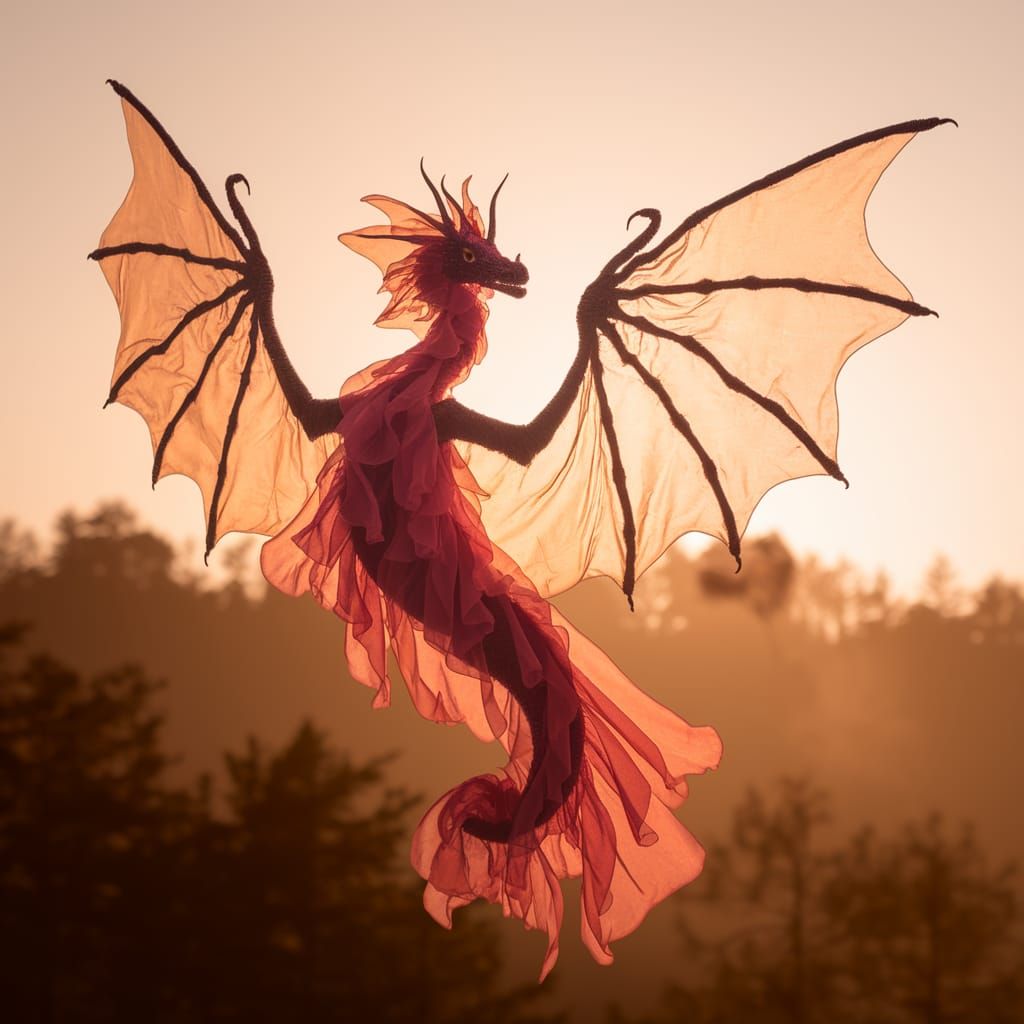 Surreal Fabric Dragon Soars in Golden Light