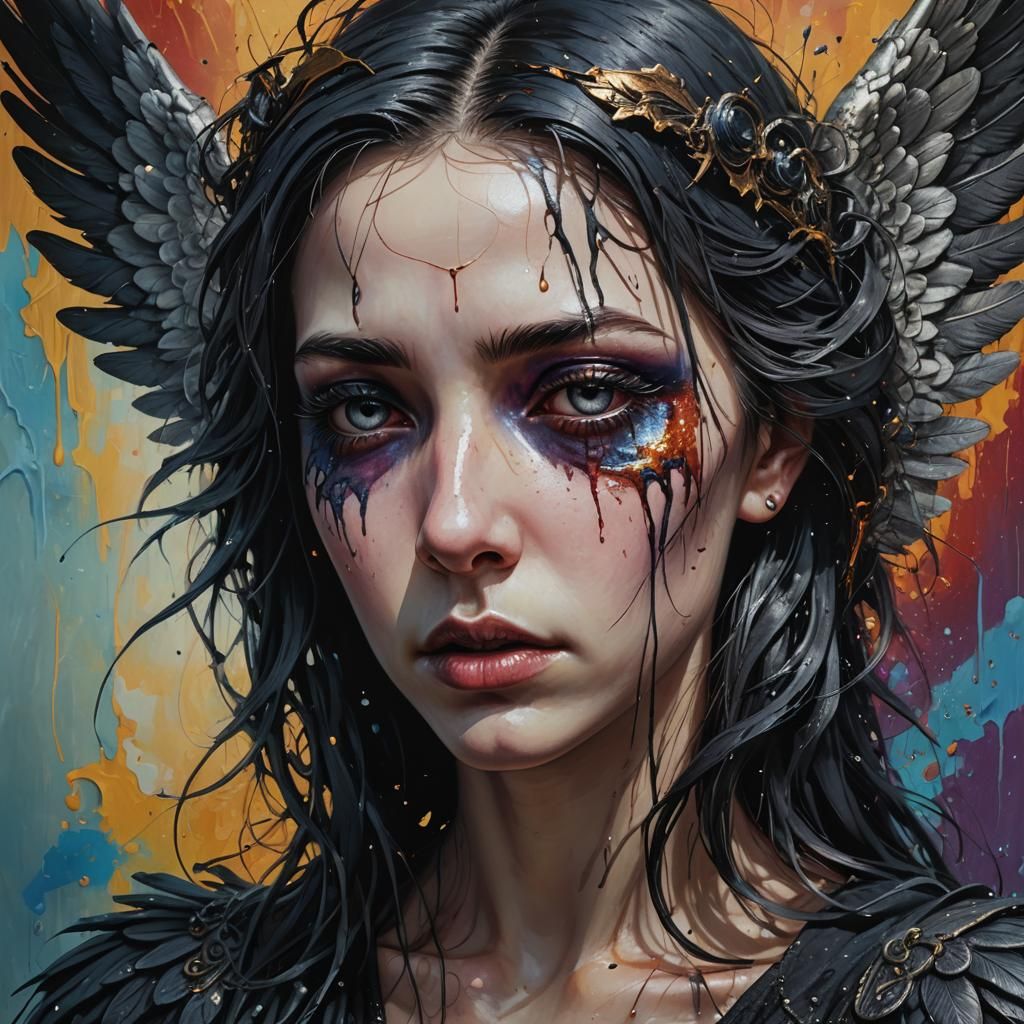 Gothic Angel in Tears: Hyperrealistic Portrait
