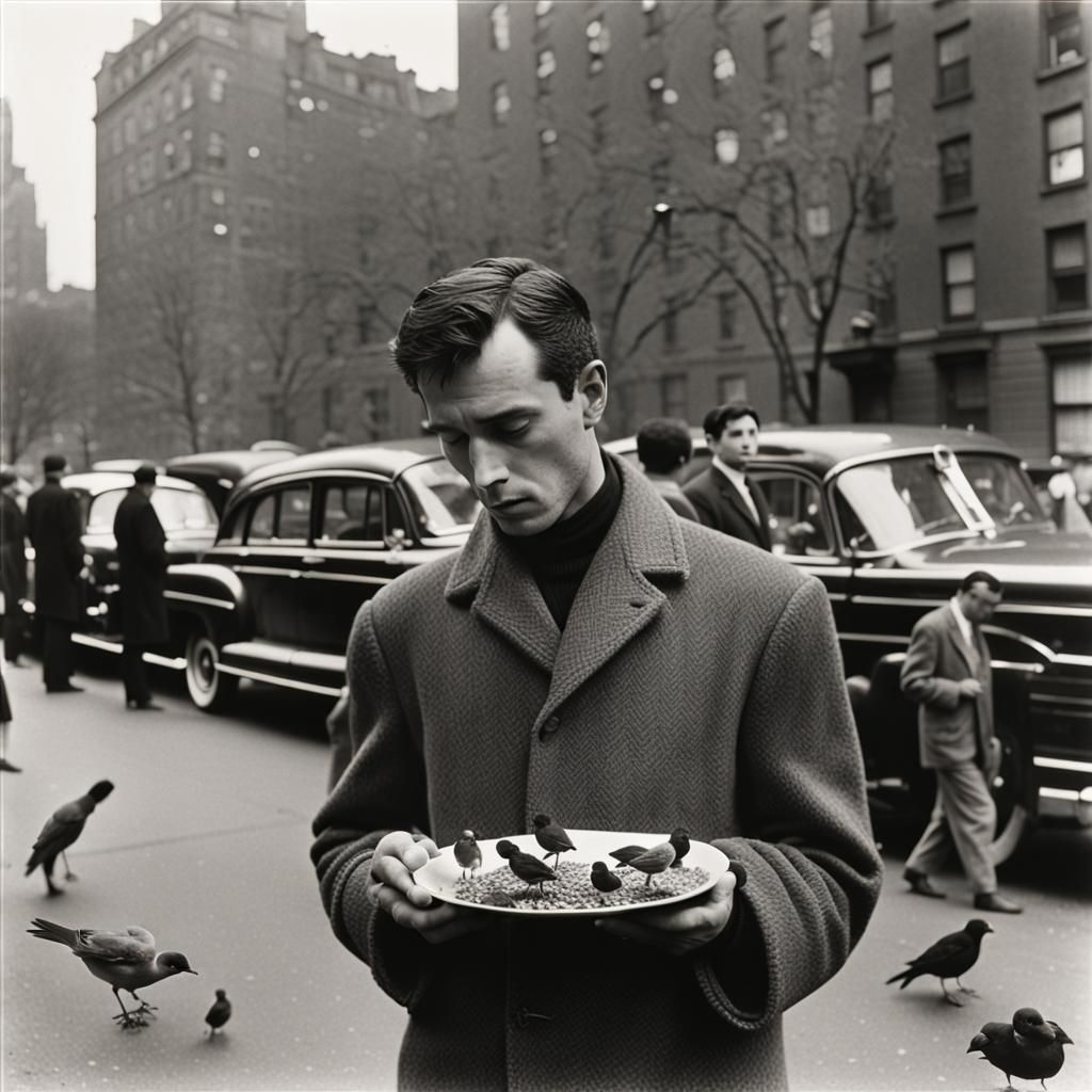Man Feeds Birds in New York, Black and White Photography