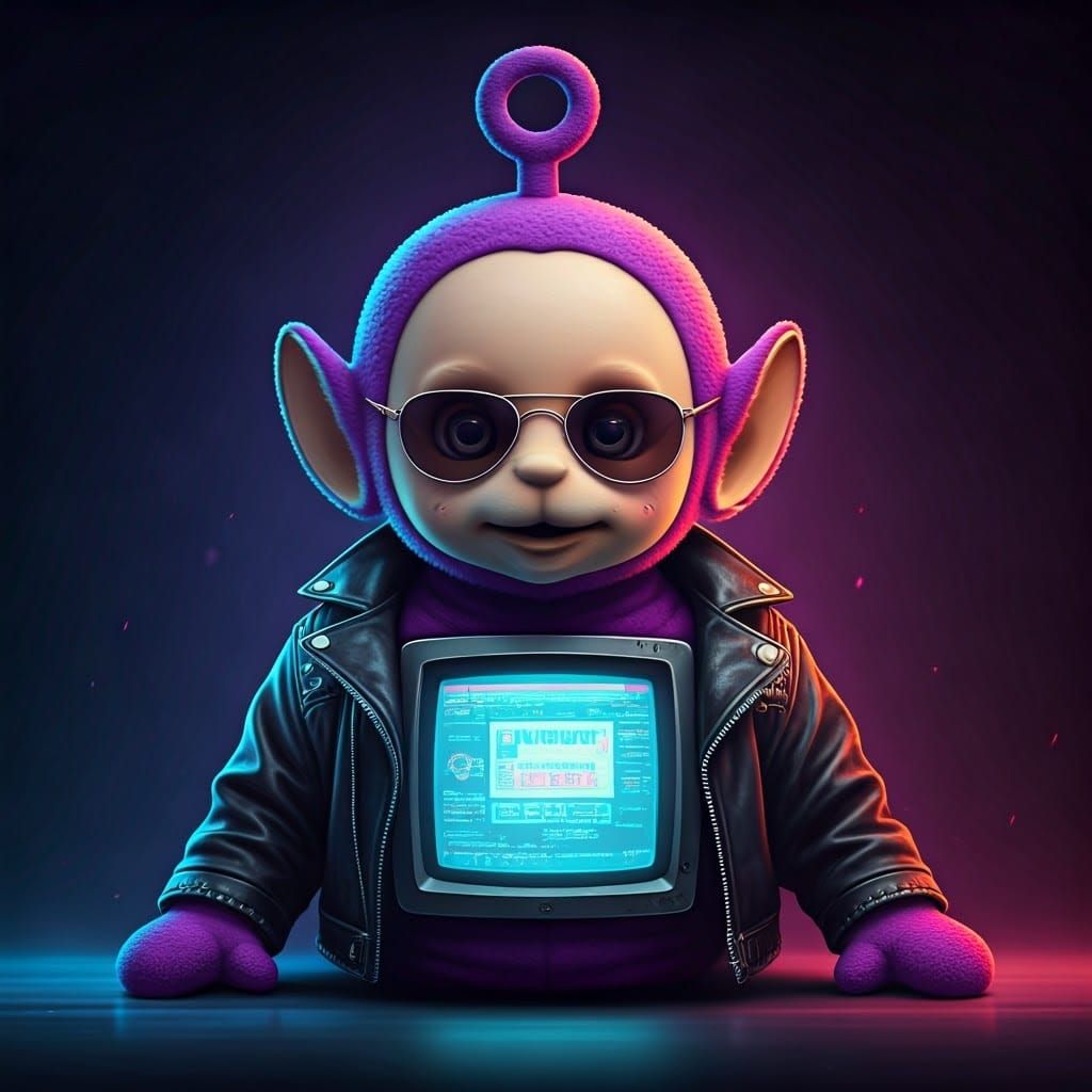 Cyberpunk Baby Teletubby in Futuristic Neon Landscape