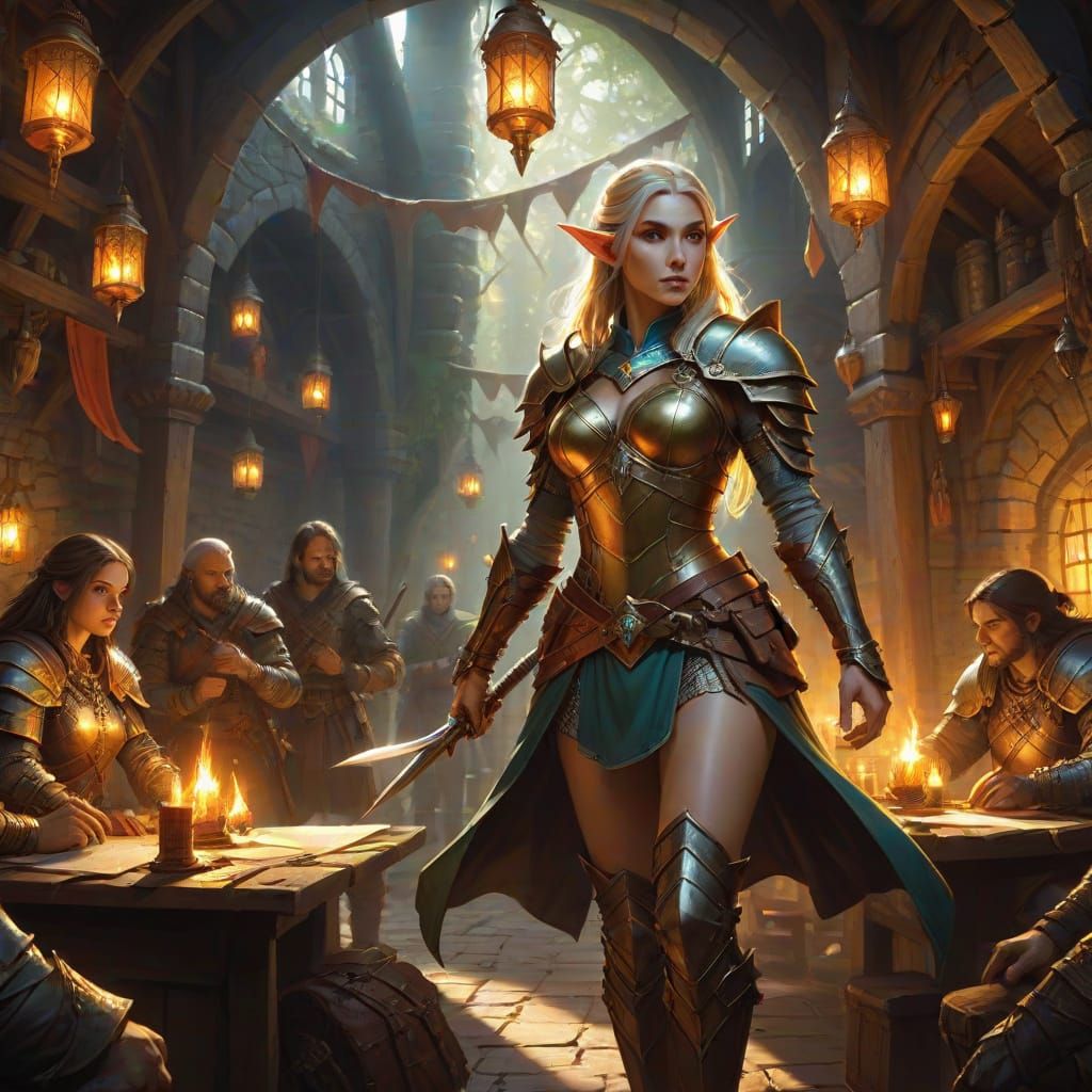 Fantasy Warrior Gathered in Tavern, Oil Painting