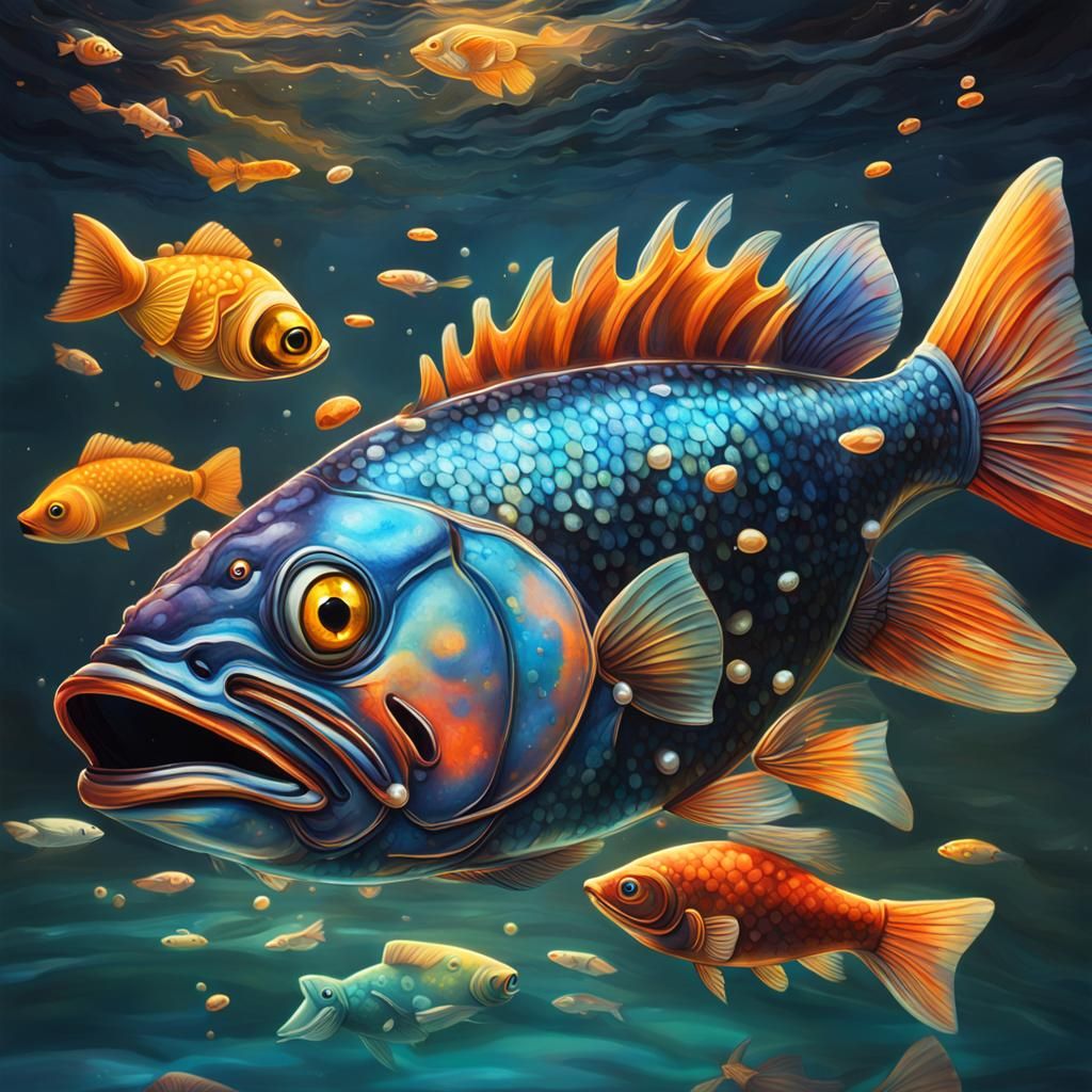 Celestial Pearl Danio Fish and Black Dog: Hyperrealistic Spl...