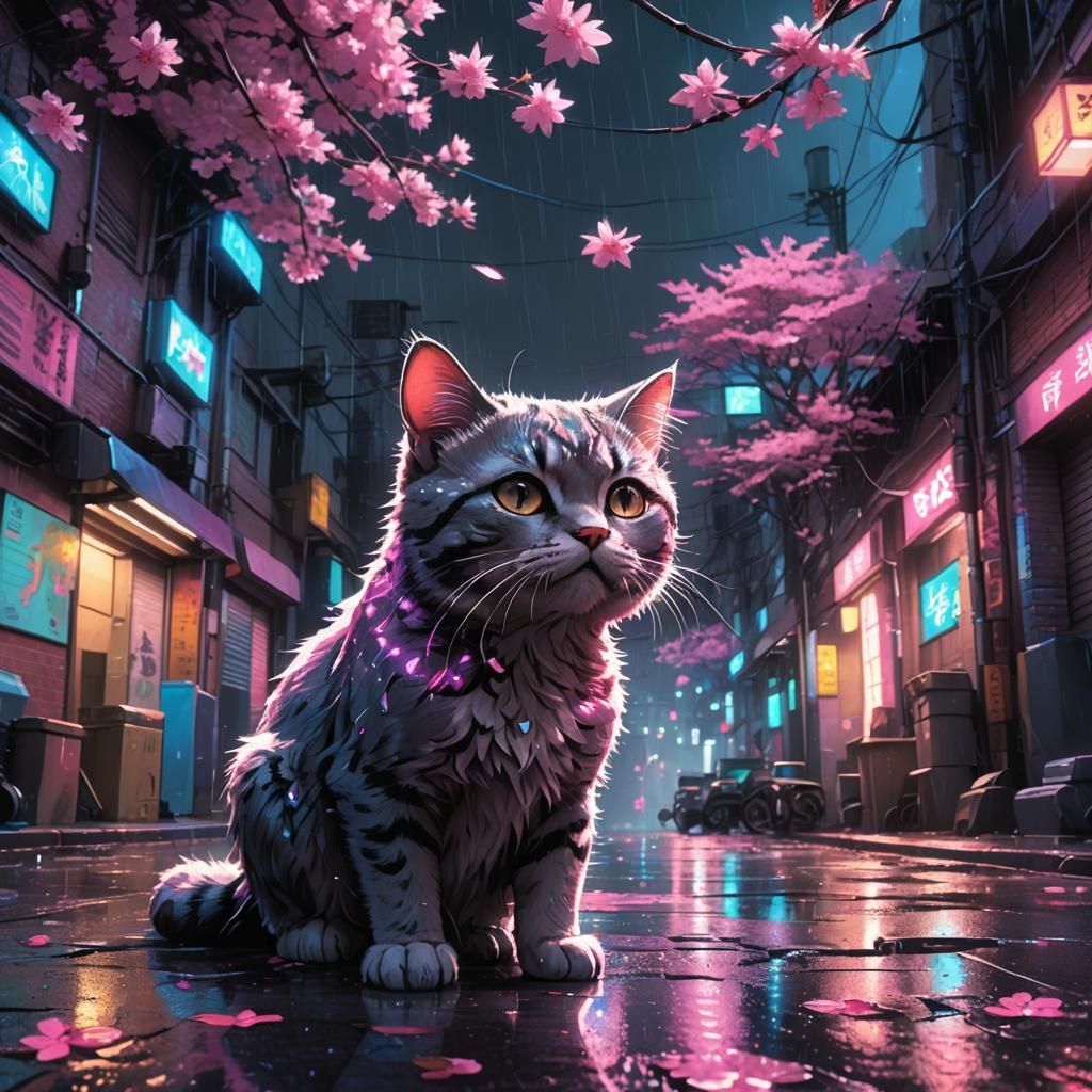 Neon Alley Cat in Rainy Anime Illustration
