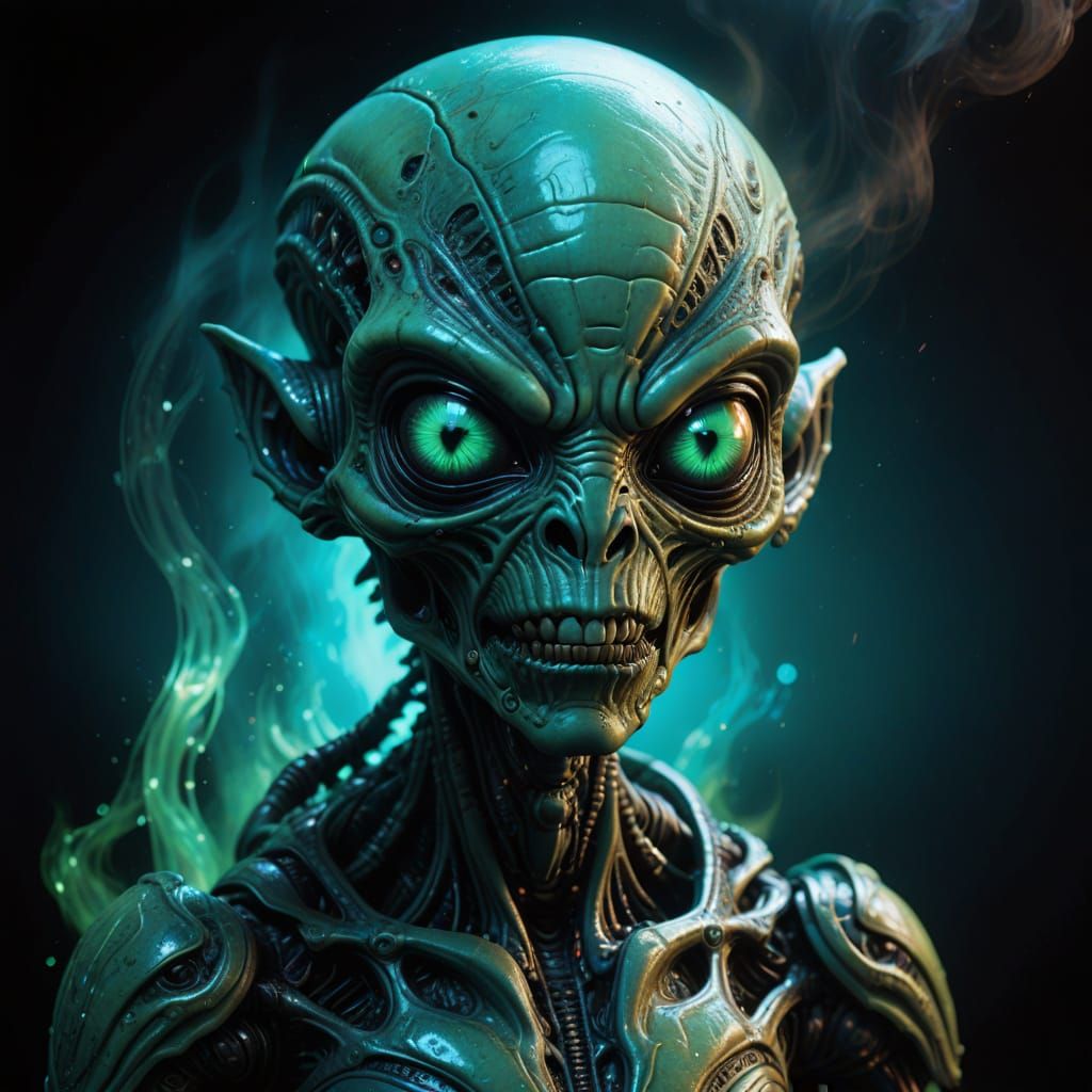 Menacing Alien Doll in Noctilucent Vapor