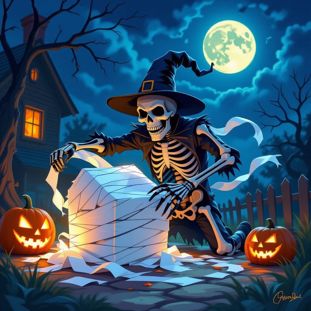 Skeleton Trickster TP Rolls House Under Full Moon