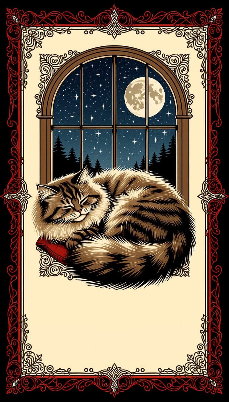 Fluffy Cat Napping Under Moonlight in Ornate Postcard Style
