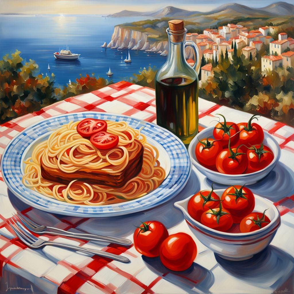 Steaming Spaghetti Still Life with Mediterranean View