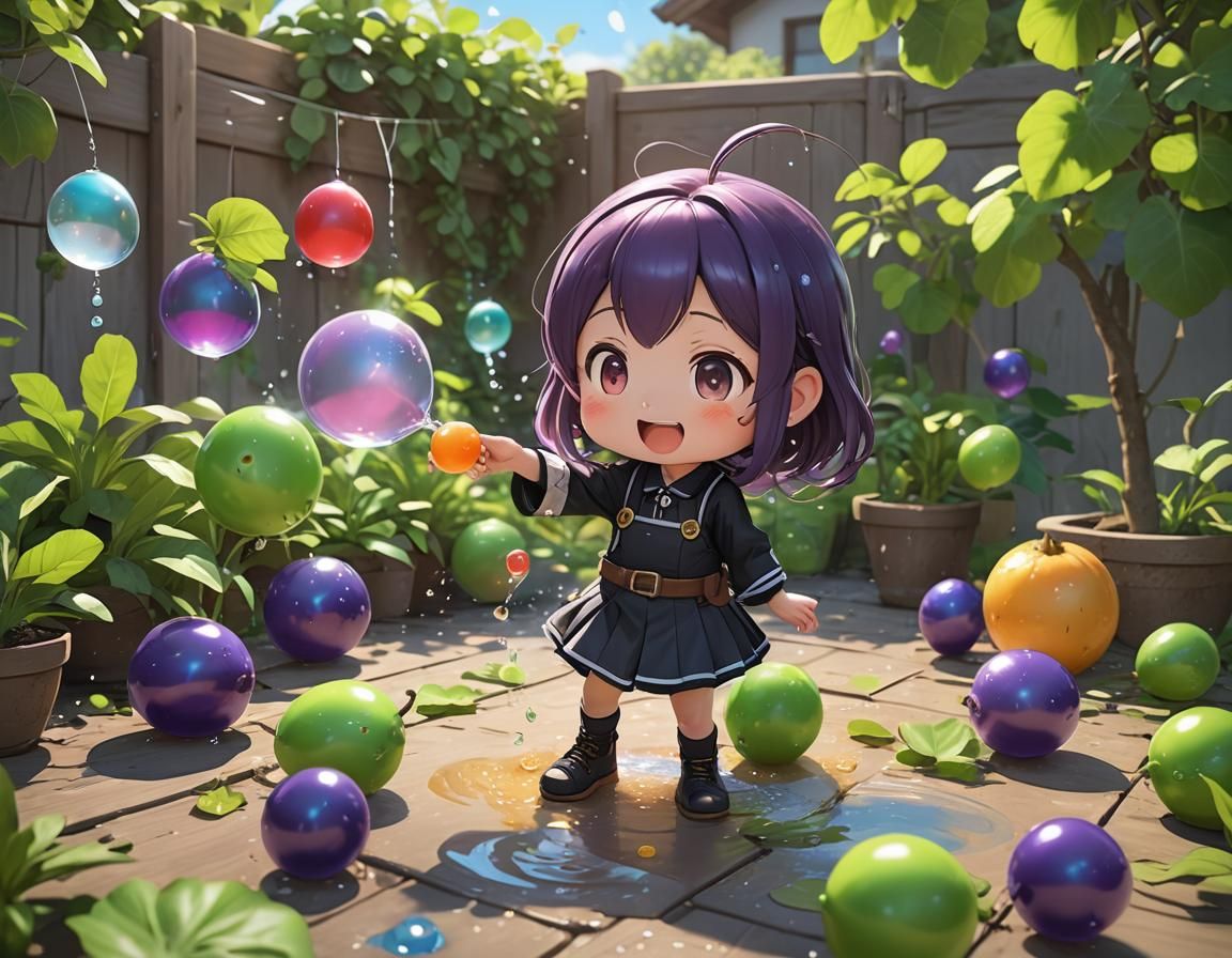 Chibi Eggplant's Water Balloon Fight: Anime Art