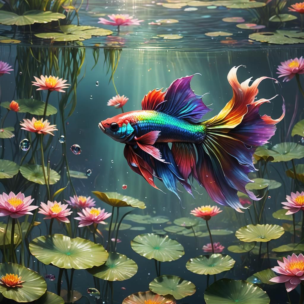 Rainbow Betta in Pond: Digital Art Splash