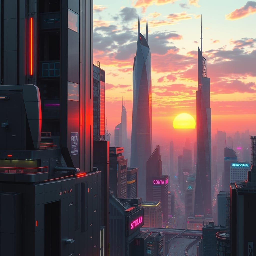 Sleek Futuristic Cityscape with Neon Lights and Metallic Sur...