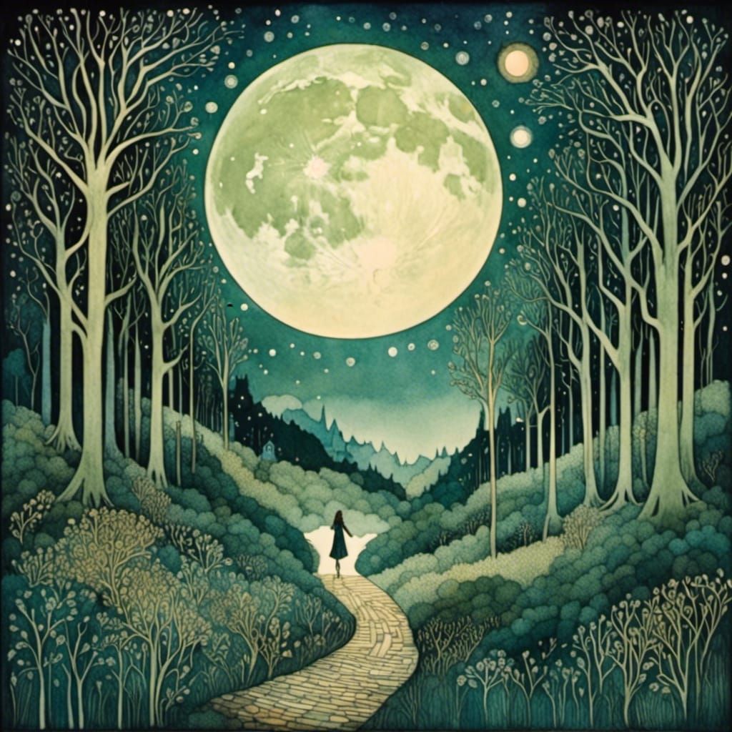 Woman with Forest Path in Watercolor Illustration
