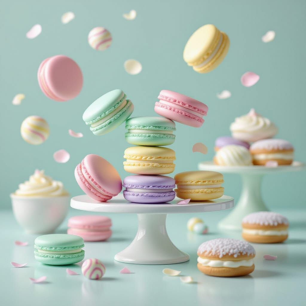 Whimsical Pastel Foods Levitate in Dreamlike Scenery