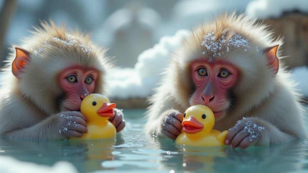Monkeys Puzzled by Rubber Duck in Forest Onsen