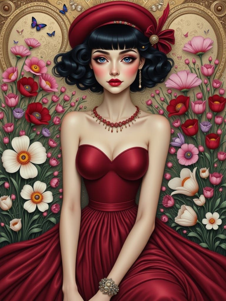 Surreal Woman in Raspberry Beret, Art Nouveau Style