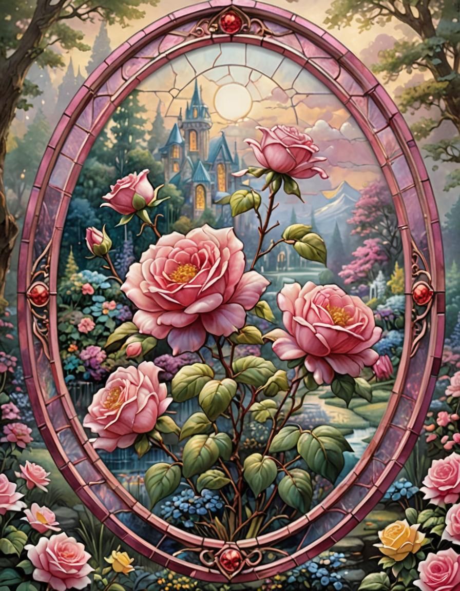 Pink Rose in Stained Glass Oval, Fantasy Art