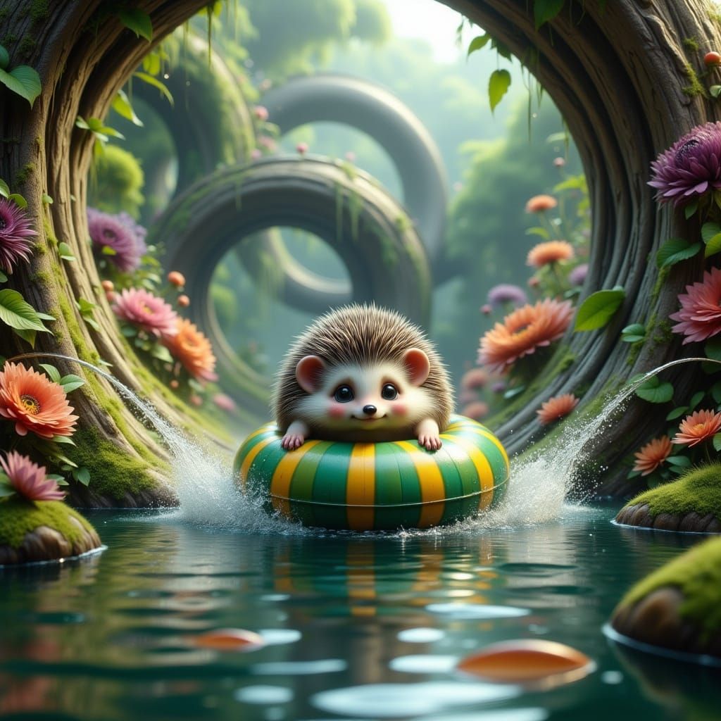 Whimsical Log Flume Adventure with Baby Hedgehog