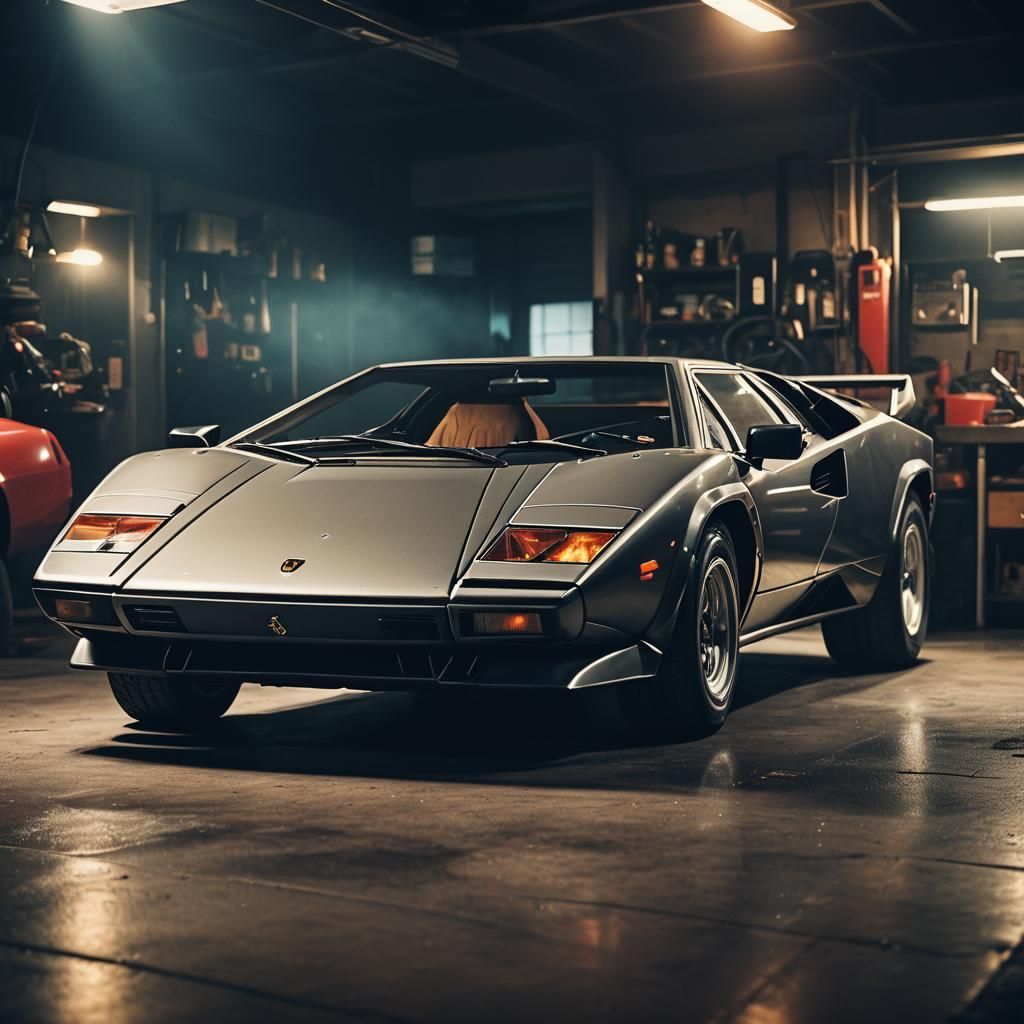 Lamborghini Countach in Dark Garage: Hyper-Realistic Film St...