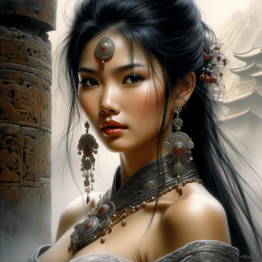 Hyperrealistic Portrait of Asian Woman by Luis Royo