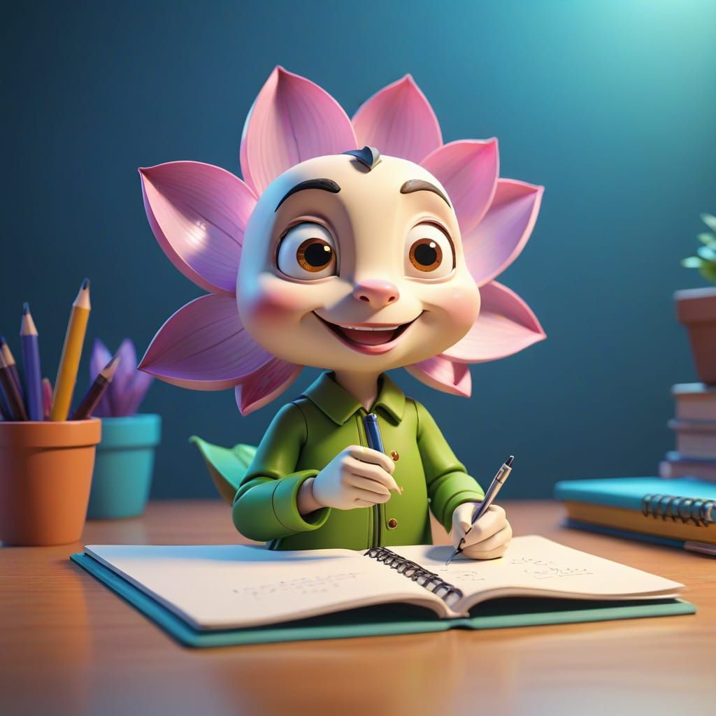 A cartoon anthropomorphic lotus flower making notes on a notepad. Pixar, Disney, concept art, 3d digital art, Maya 3D, Z...