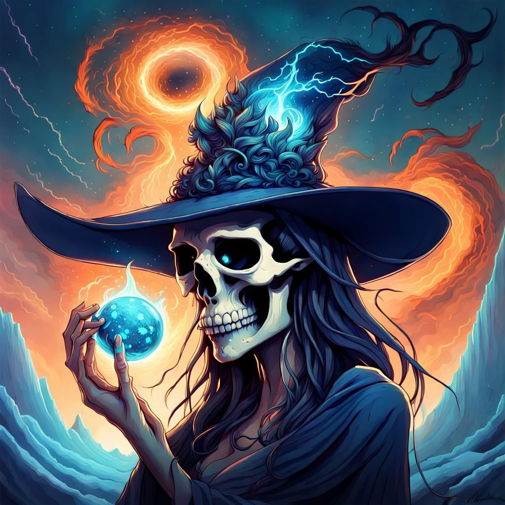 Skull in Witch Hat with Magic Fire